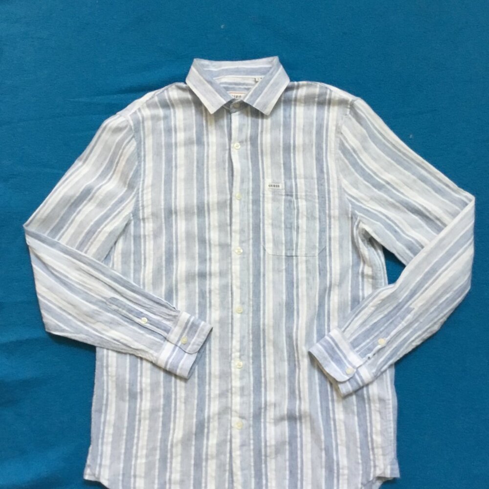 GUESS Men Casual Linen Striped Shirt Button Down Long Sleeve Pocket Logo Blue S